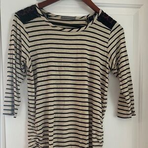 Loveappella Maternity Black & Tan Striped Elbow Sleeve Top with Lace Shoulders